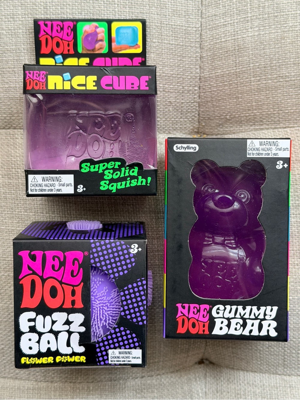NeeDoh Lot- Purple- Fuzz Ball- Nice Cube & Gummy Bear Kids Toy Bundle- NEW!